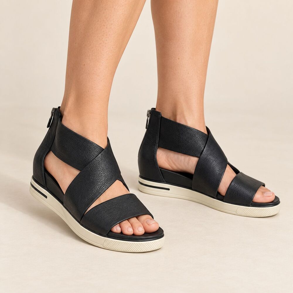 Eileen Fisher Sport Sneaker Sandals 10 Black Leather Platform Strappy Back Zip